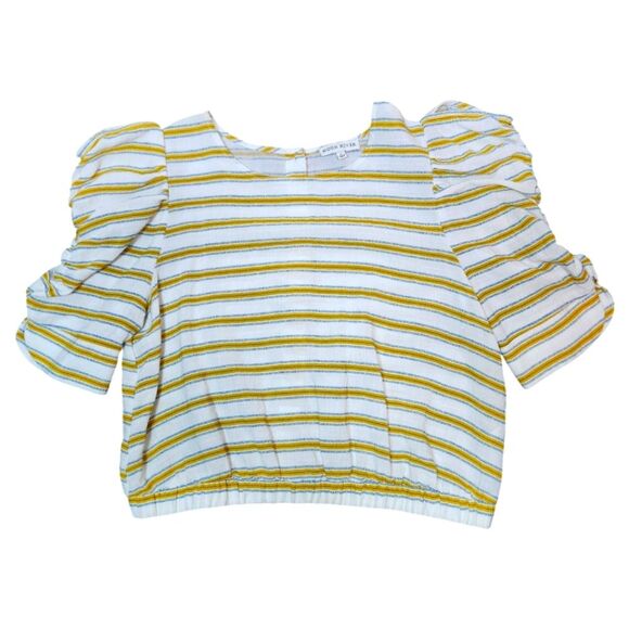Anthro Moon River Linen Puffed Sleeve Top Crop Elastic Waist Yellow Stripe L - Picture 4 of 14